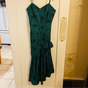 Vintage 80's Bombshell Dress Green Shiny Gown Asymmetrical Sweetheart Cut Prom